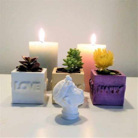 3 Mini Macetas cúbicas "LOVE-HAPPY"